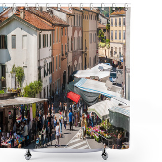 Personality  LUCCA, ITALY - 21 MAY 2016: Outdoor Street Market In Lucca Shower Curtains