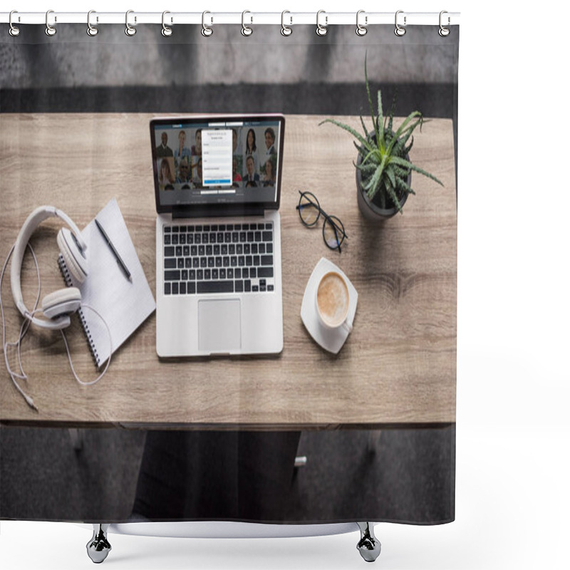 Personality  top view of laptop standing at modern workplace with linkedin website on screen shower curtains