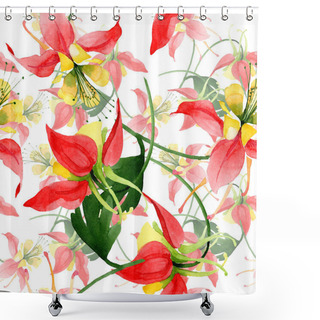 Personality  Red Aquilegia Floral Botanical Flowers. Watercolor Background Illustration Set. Seamless Background Pattern. Shower Curtains