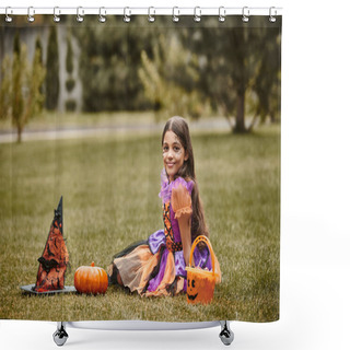 Personality  Happy Girl In Halloween Costume Near Decorative Pumpkin, Pointed Hat And Candy Bucket On Grass Shower Curtains