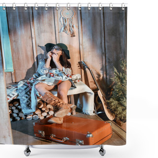 Personality  Hippie Girl Playing Harmonica Shower Curtains