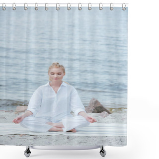 Personality  Peaceful Blonde Young Woman With Closed Eyes Practicing Yoga Near River  Shower Curtains