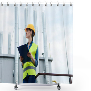 Personality  Beautiful Female Builder In Safety Vest And Hardhat Writing In Clipboard On Industrial Construction Shower Curtains