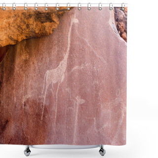Personality  The Famous Prehistoric Rock Engravings At Twyfelfontein, Tourist Attraction And Travel Destination In Namibia, Africa. Shower Curtains