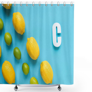 Personality  Flat Lay With Ripe Yellow Lemons, Green Limes And Letter C On Blue Background Shower Curtains
