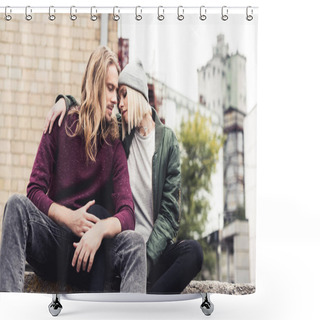 Personality  Couple Sitting Outdoors Shower Curtains