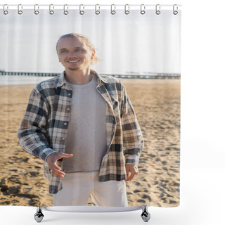 Personality  Cheerful Man In Checkered Shirt Standing On Beach In Italy  Shower Curtains