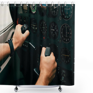 Personality  Partial View Of Pilot In Wristwatch Holding Helm In Plane Shower Curtains
