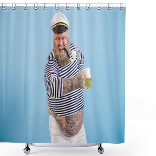 Personality  Happy Plus Size Man In Sailor Suit Holds Delicious Beer On Light Blue Background Shower Curtains