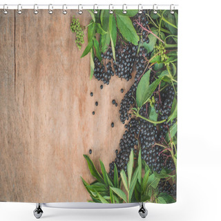 Personality  Clusters Fruit Black Elderberry On A Wooden Background (Sambucus Nigra). Elder, Black Elder Shower Curtains