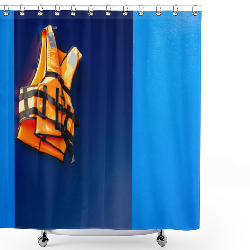 Personality  Life Vest On Blue Wall Background Safety Equipment Rescue Guard  Shower Curtains