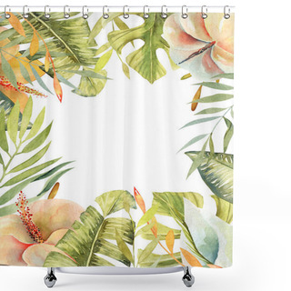 Personality  Floral Frame Of Watercolor Hibiscus Flowers, Tropical Green Plants And Leaves, Hand Painted Illustration On A White Background, Greeting Card Design Shower Curtains