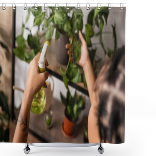 Personality  Partial View Of Tattooed African American Florist Holding Spray Bottle Near Blurred Plants In Flower Shop Shower Curtains