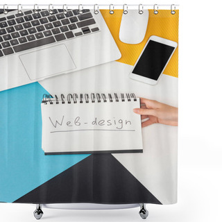 Personality  Cropped View Of Woman Holding Notebook With Web Design Lettering Near Laptop, Smartphone, Computer Mouse On Abstract Geometric Background Shower Curtains