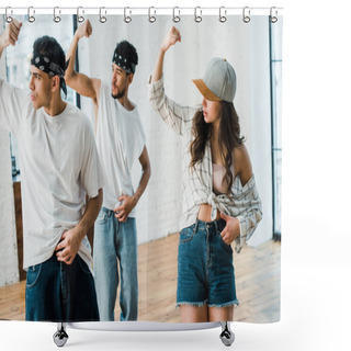 Personality  Selective Focus Of Multicultural Dancers Gesturing While Dancing Hip-hop In Dance Studio  Shower Curtains