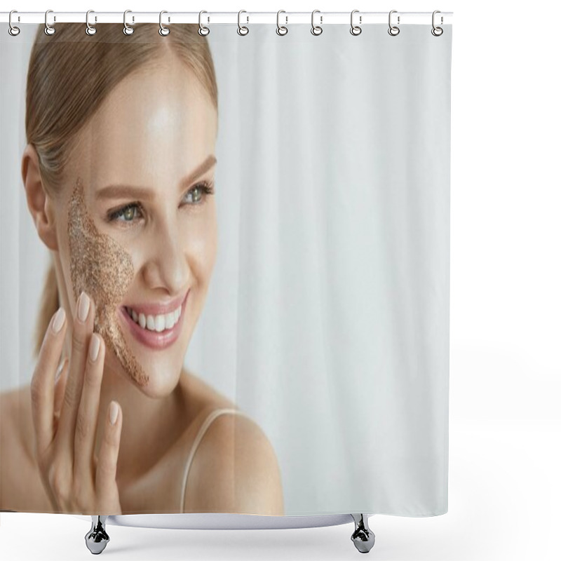 Personality  Face Skin Care. Happy Female With Cleansing Scrub On Cheek Shower Curtains