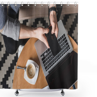 Personality  Cropped Shot Fo Man Using Smartphone With Laptop On Coffee Table Shower Curtains