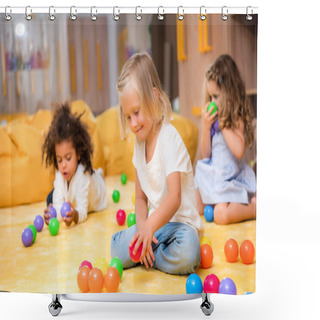 Personality  Adorable Multicultural Kids Playing With Colored Balls On Floor In Kindergarten Shower Curtains