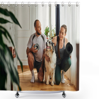 Personality  Positive Couple In Sportswear Holding Fitness Mats And Hugging Border Collie In Living Room At Home Shower Curtains