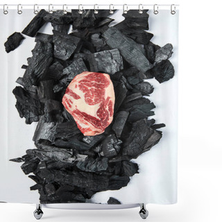 Personality  Top View Of Fresh Raw Steak On Black Coals On White Background Shower Curtains