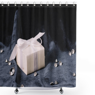 Personality  Gift Box With White Ribbon And Bow Near Pure Diamonds On Blue Cloth Shower Curtains