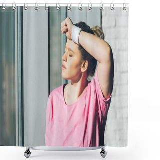 Personality  Tired Overweight Woman With Hand On Forehead Shower Curtains