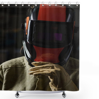 Personality  Welder In Uniform Adjusting Protective Mask While Standing In Factory  Shower Curtains