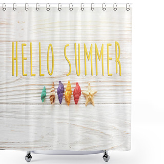 Personality  Hello Summer Text And Colorful Seashells Shower Curtains