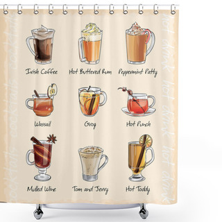 Personality  Hot Winter Cocktails Menu. Vector Sketch Illustration Shower Curtains