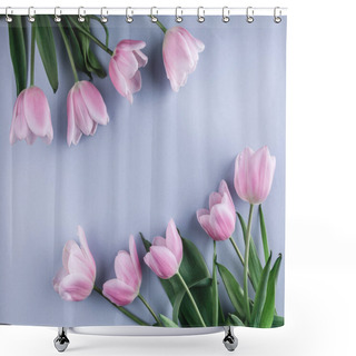 Personality  Pink Tulips Flowers Over Light Blue Background. Greeting Card Or Wedding Invitation. Flat Lay, Top View, Copy Space. Shower Curtains