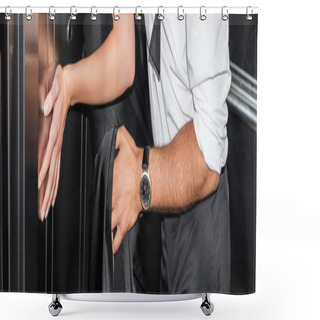 Personality  Partial View Of Man Embracing Woman In Black Dress In Elevator, Banner Shower Curtains