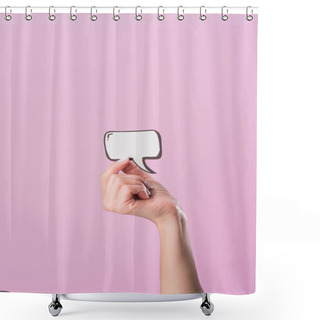 Personality  Cropped Shot Of Woman Holding Blank Speech Bubble Isolated On Pink Shower Curtains