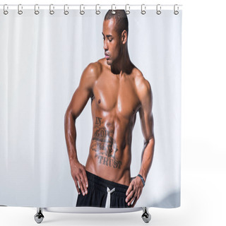 Personality  Athletic Sweaty Shirtless African American Sportsman Standing With Hands On Waist Isolated On Grey Shower Curtains