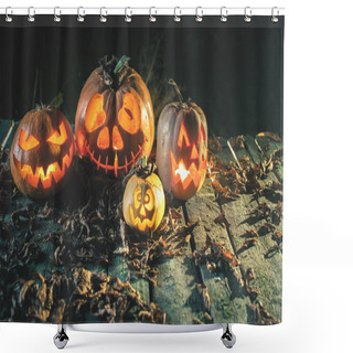 Personality  Halloween Pumpkins At Wood Background. Carved Scary Faces Of Pumpkin. Shower Curtains