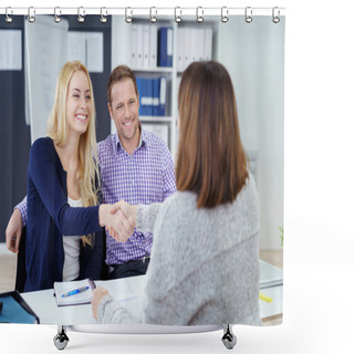 Personality  Happy Couple Shaking Hands With A Broker Shower Curtains