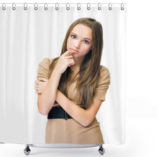 Personality  Worried Looking Young Brunette. Shower Curtains