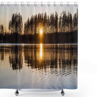 Personality  Dark Silhouette Of A Forest At Sunset With A Reflection In The Lake. Leningrad Region. Shower Curtains