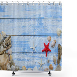 Personality  Summer Beach Sea Concept.Blue Wooden Background With Different Shells, White Stones And Sand.Red Sratfish In The Center Shower Curtains