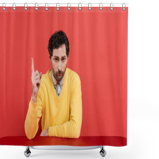 Personality  Bearded Man In Yellow Long Sleeve Jumper Pointing With Finger While Sitting Isolated On Coral Background  Shower Curtains