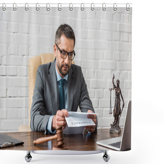 Personality  Serious Male Lawyer In Eyeglasses Working With Contract In Office Shower Curtains