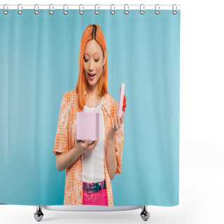Personality  Positive Emotion, Young, Amazed And Delighted Asian Woman With Dyed Red Hair, In Orange Shirt Opening Gift Box With Festive Present On Blue Background, Surprise, Joy, Happiness Shower Curtains