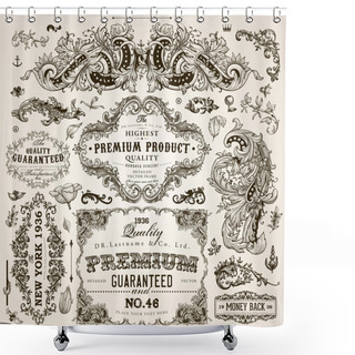 Personality  Vector Set Of Calligraphic Design Elements: Page Decoration, Premium Quality And Satisfaction Guarantee Label, Antique And Baroque Frames And Floral Ornaments Shower Curtains