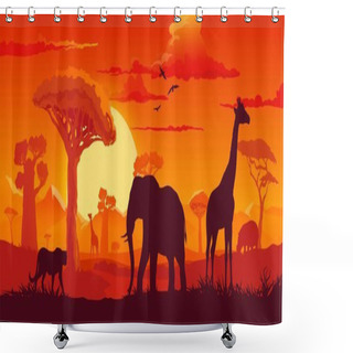 Personality  African Sunset Landscape With Safari Animals Silhouettes. Vector Background With Elephant, Giraffe, Hippo And Cheetah At Dusk Savannah Scenery Nature With Birds In Red Sky, Sun And Plant Shadows Shower Curtains