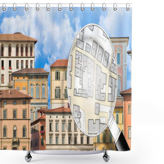 Personality  Register Old Buildings At Buildings Cadastre For Taxation - Land Registry Concept With An Imaginary Cadastral Map Of Territory And Old Italian Historic Buildings  Shower Curtains
