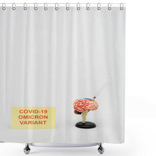 Personality  Card With Covid-19 Omicron Variant Lettering Near Brain Model With Syringe On Grey Background Shower Curtains
