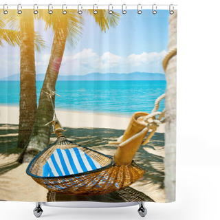 Personality  Beautiful Beach. Hammock Between Two Palm Trees On The Beach. Holiday And Vacation Concept. Tropical Beach. Beautiful Tropical Island. Shower Curtains