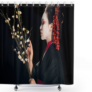 Personality  Side View Of Beautiful Geisha In Black Kimono With Red Flowers In Hair Holding Sakura Branches Isolated On Black Shower Curtains