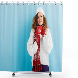 Personality  Cheerful And Curly Woman In Hat And Sweater Holding Cup Of Tea In Knitted Holder On Blue  Shower Curtains