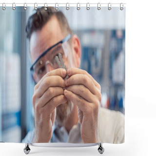 Personality  Man At Key Cutter Shop Looking At Blanks Shower Curtains