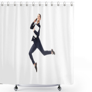 Personality  Positive Businesswoman Talking On Smartphone And Holding Laptop While Levitating And Looking At Camera Isolated On White Shower Curtains